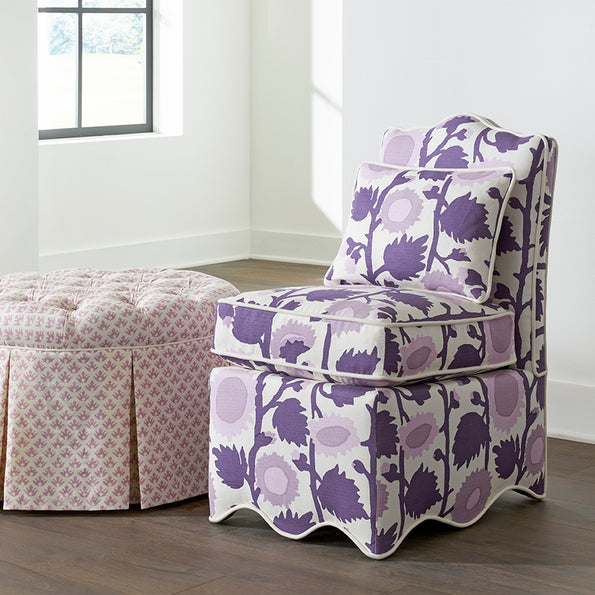 Bespoke chair with a purple floral fabric from Quadrille.