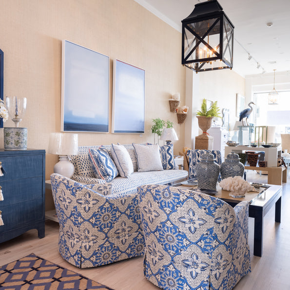 Bespoke living room furniture on display at oomph's Greenwich showroom.