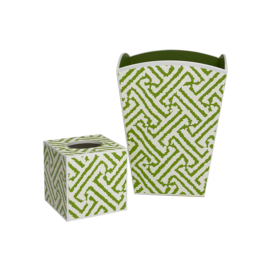 Quadrille Java Grand Jungle Green Scallop Bin + Tissue Holder