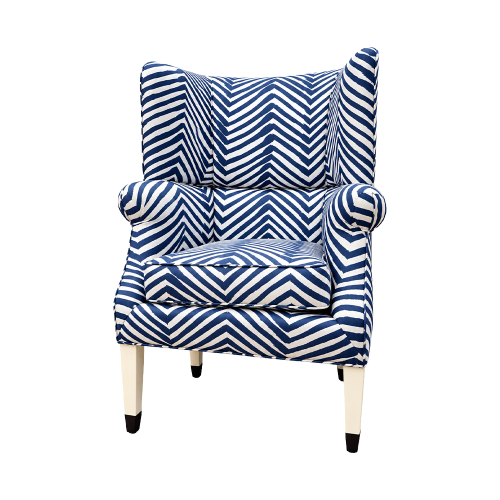 Wilton Wing Chair in Quadrille Zig Zag Grande in Navy with White Legs