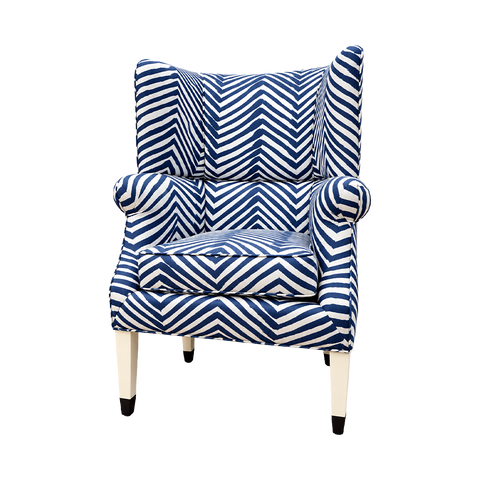 Wilton Wing Chair in Quadrille Zig Zag Grande in Navy with White Legs