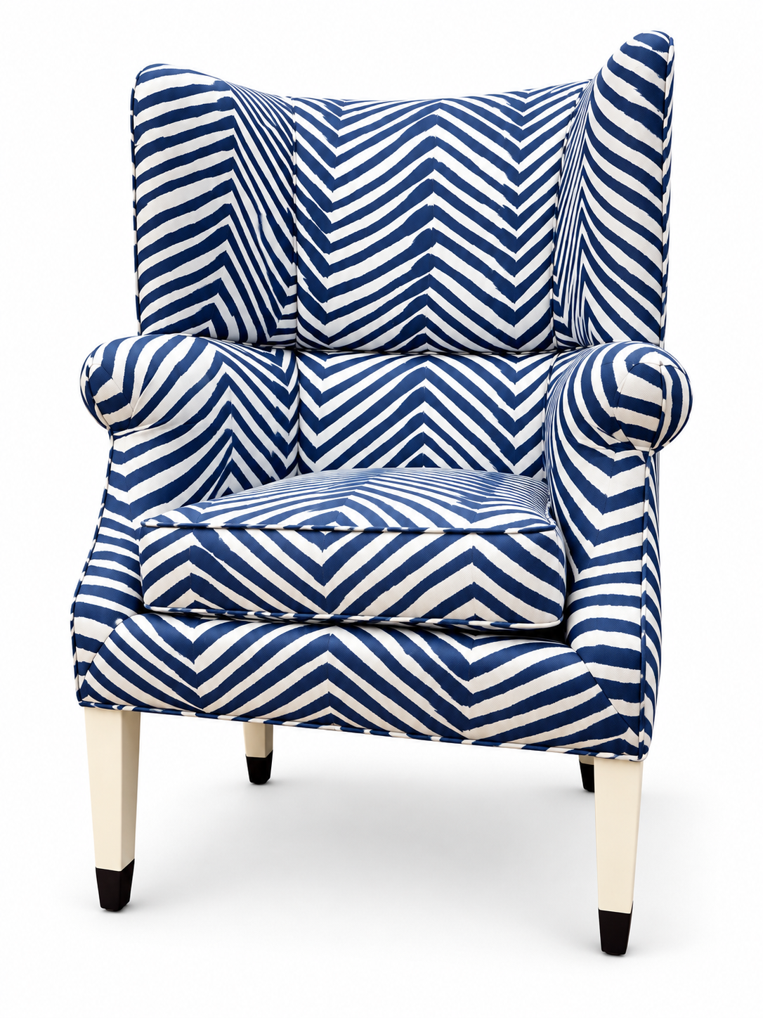Wilton Wing Chair in Quadrille Zig Zag Grande in Navy with White Legs