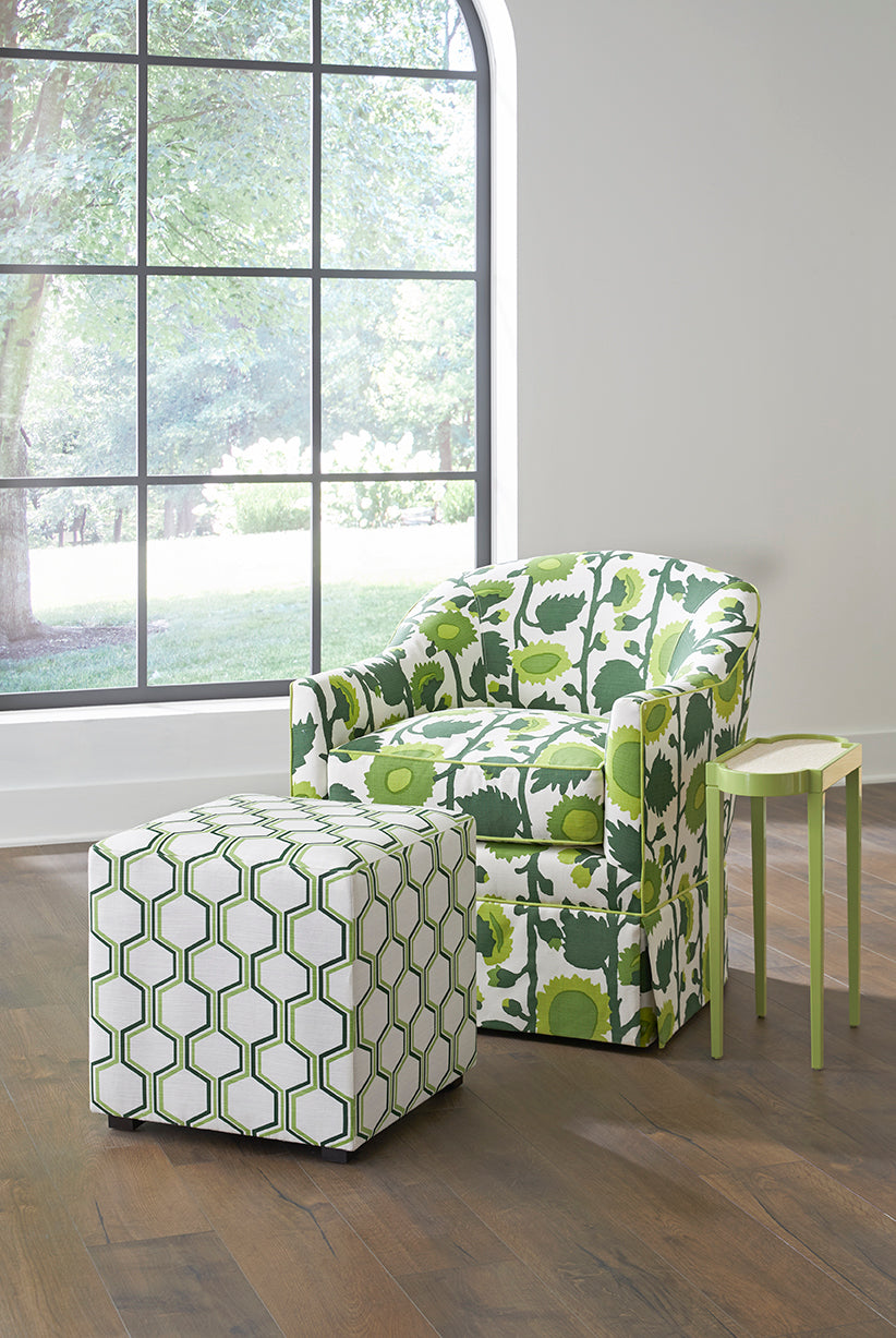 The Madison Swivel Chair Quadrille Zinnia Multi Green on Light Tint