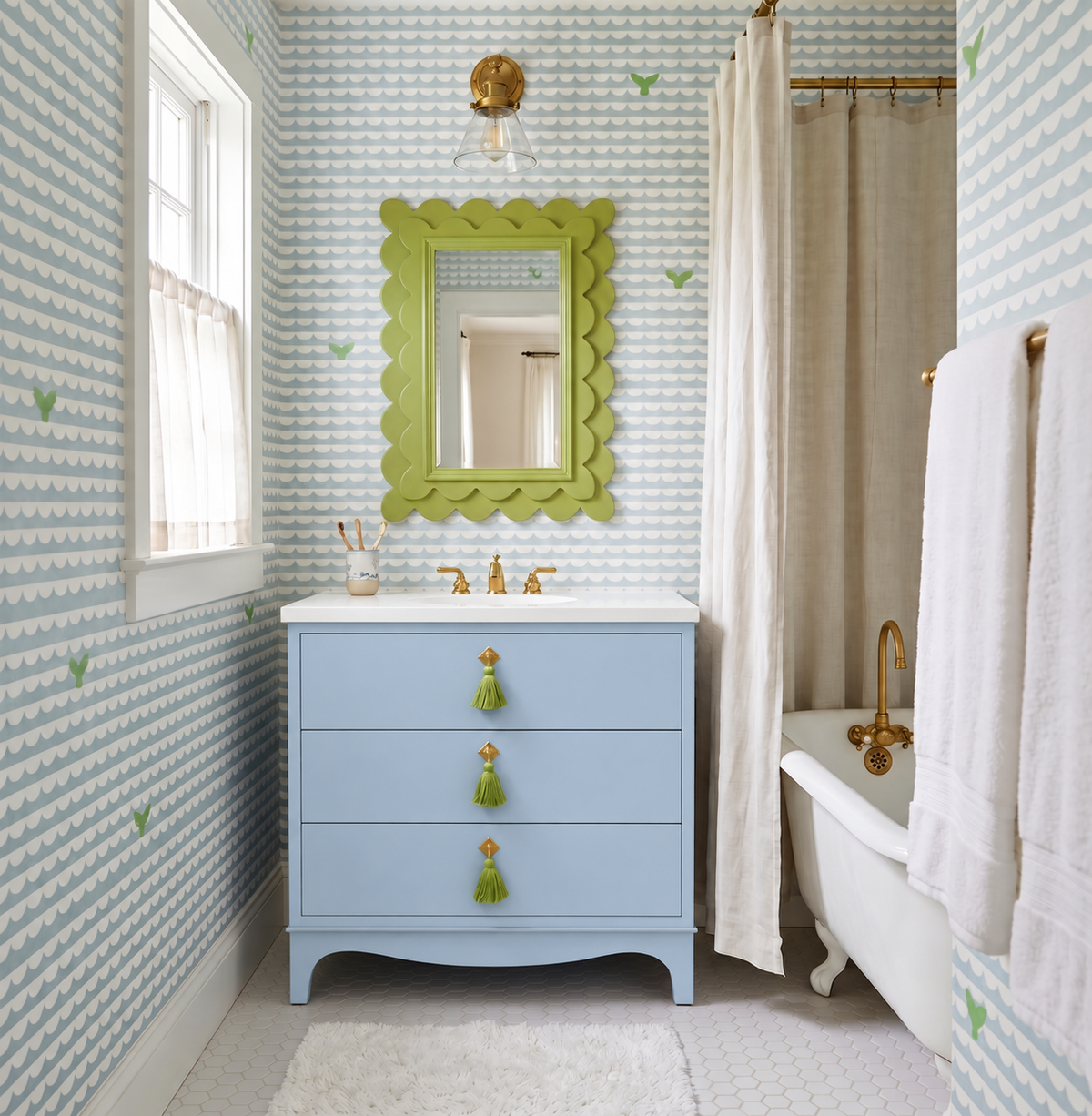 Easton Vanity 42 in Hinting Blue with Brass Hardware and Parakeet Tassels