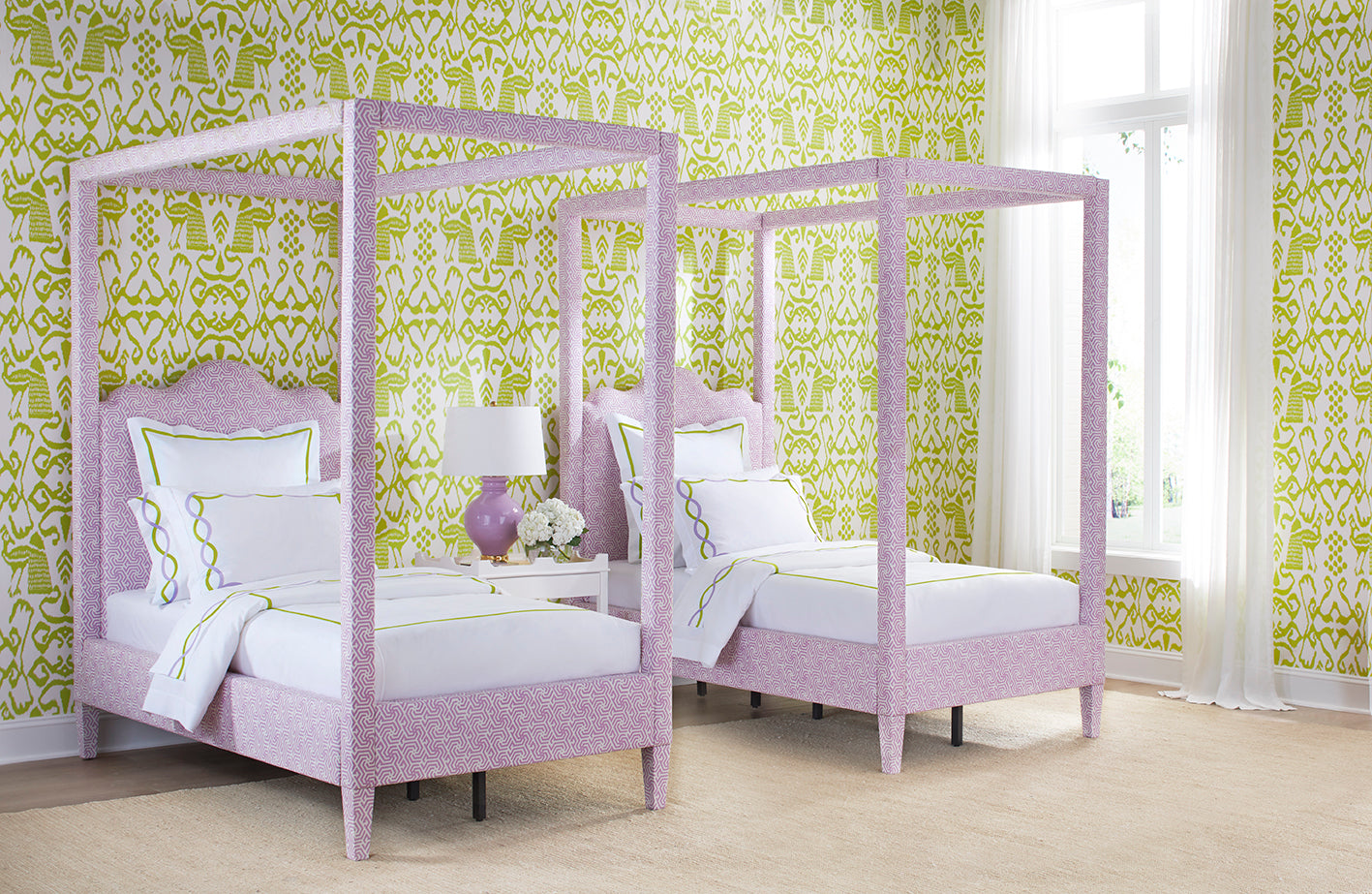 Purple upholstered 4 poster Bedford Bed from Oomph.