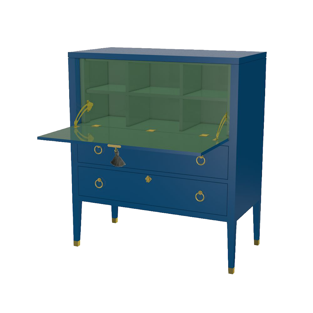 Easton Secretary Desk in New York Blue with Peale Green Interior and Brass Hardware
