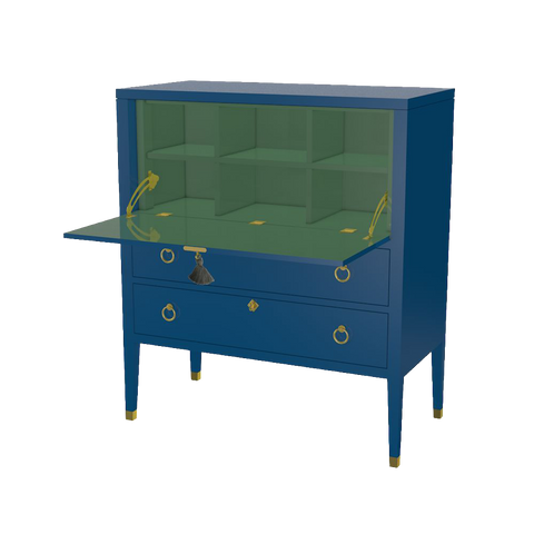 Easton Secretary Desk in New York Blue with Peale Green Interior and Brass Hardware
