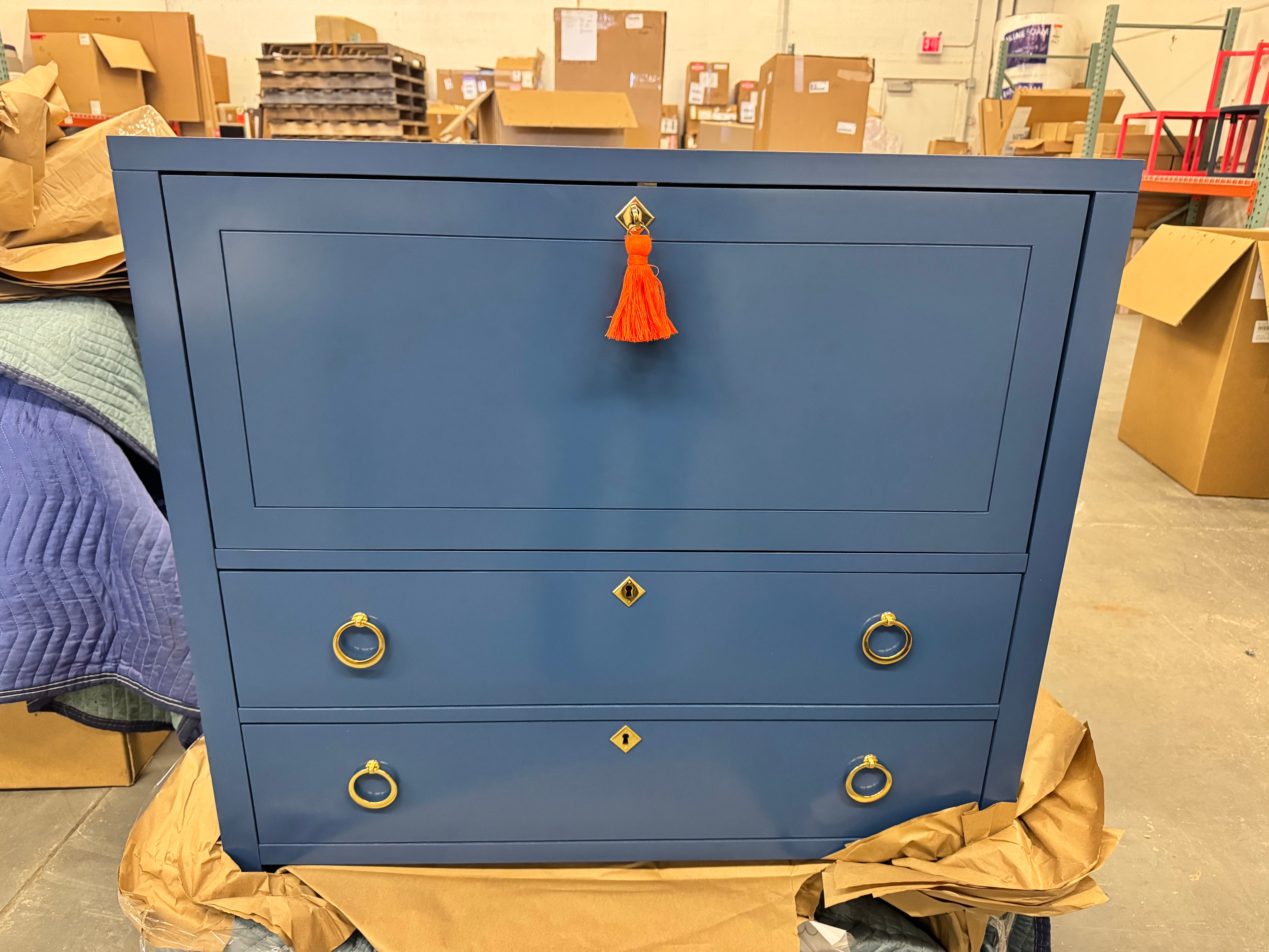 Easton Secretary Desk in New York Blue with Peale Green Interior and Brass Hardware