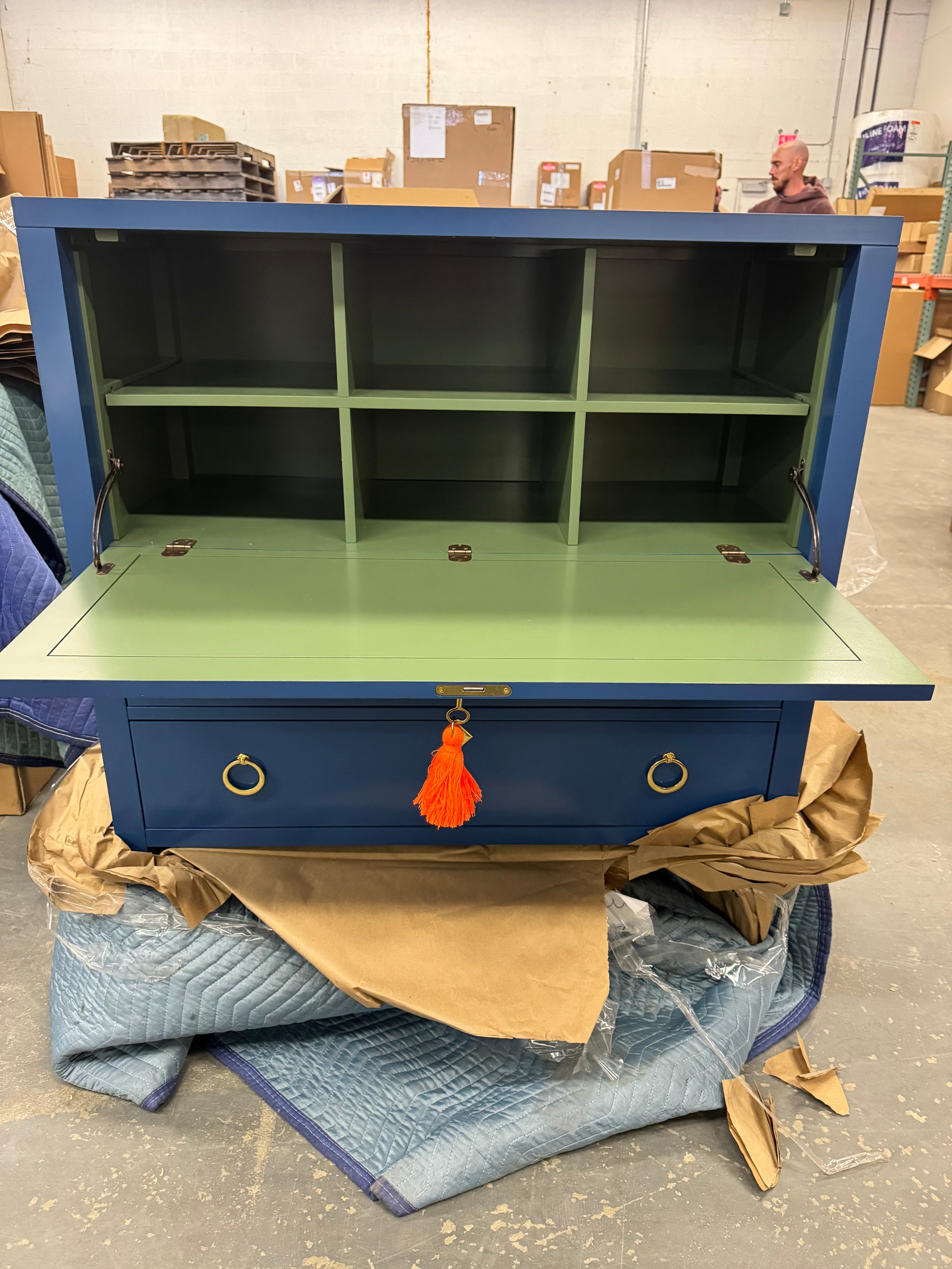 Easton Secretary Desk in New York Blue with Peale Green Interior and Brass Hardware
