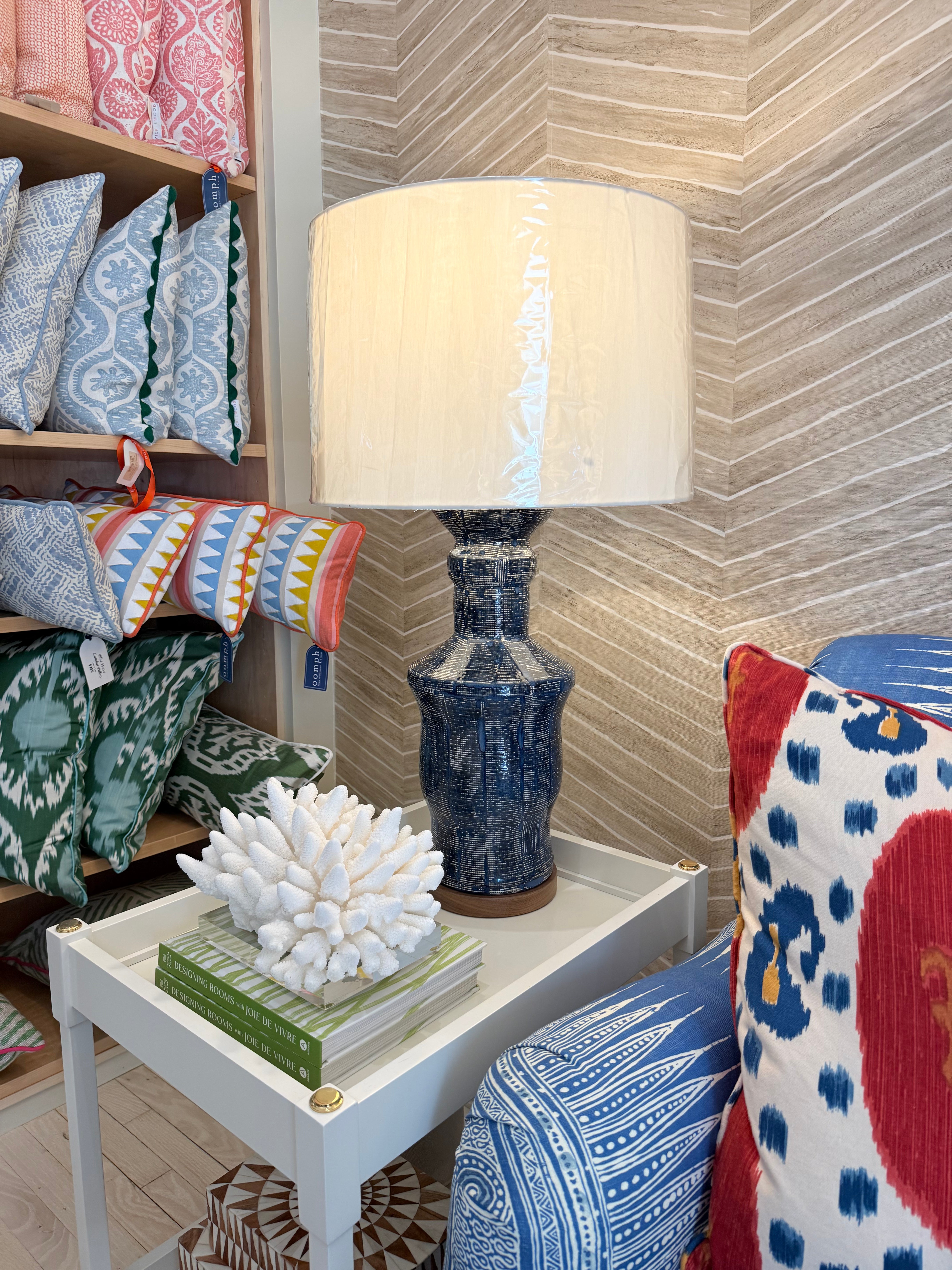 Paul Schneider Canyon Lamps in Navy Hatch Glaze / Wood Base w/ Shade