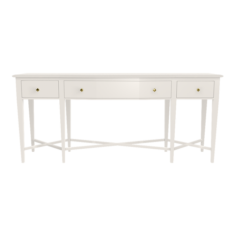 Manhattan Stretch Console in White Dove with Brass Hardware