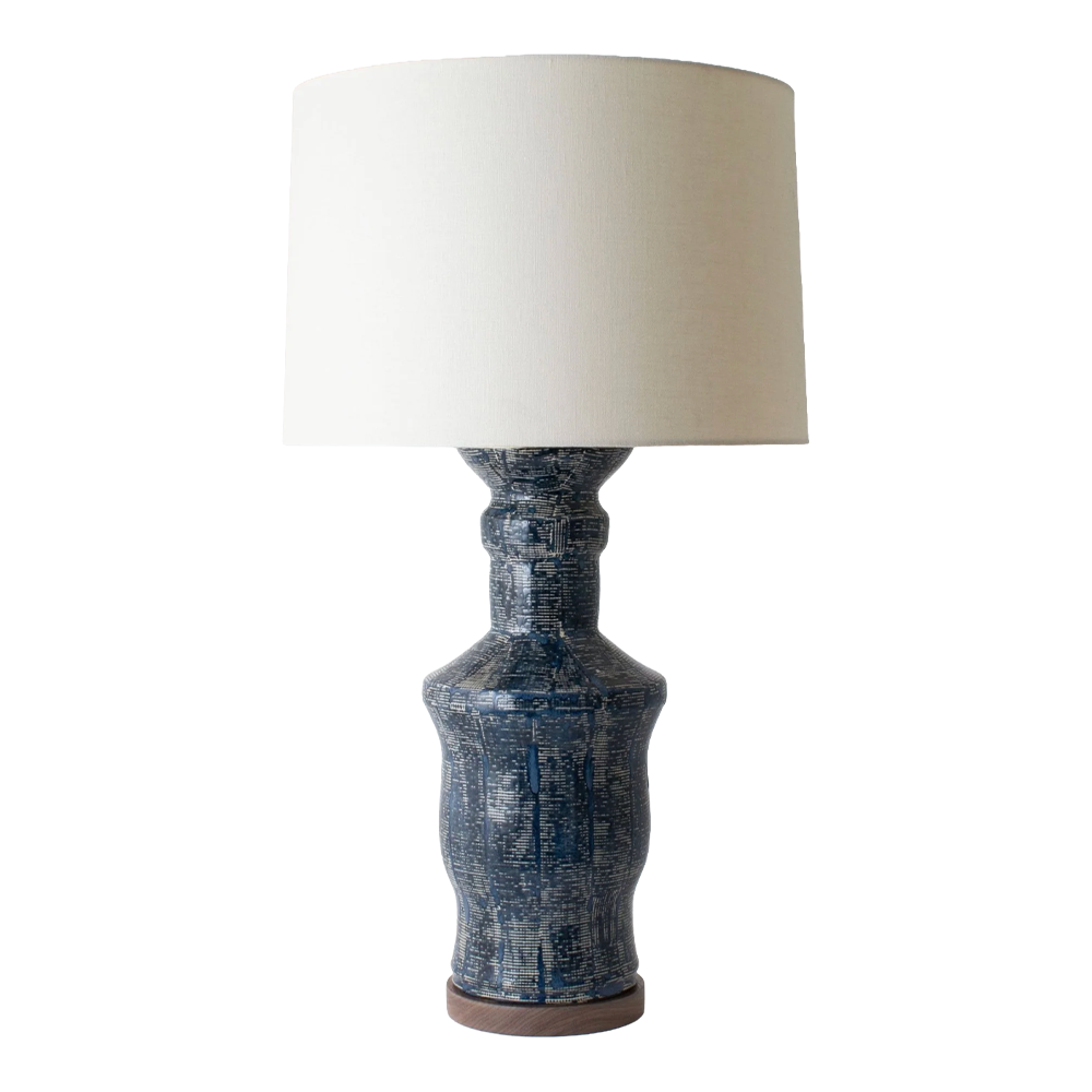 Paul Schneider Canyon Lamps in Navy Hatch Glaze / Wood Base w/ Shade