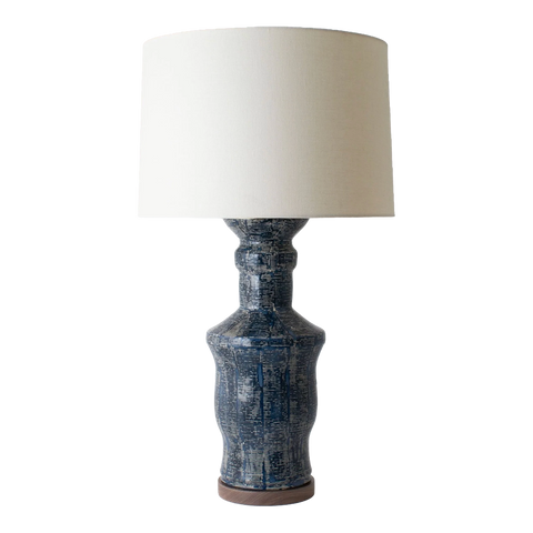 Paul Schneider Canyon Lamps in Navy Hatch Glaze / Wood Base w/ Shade