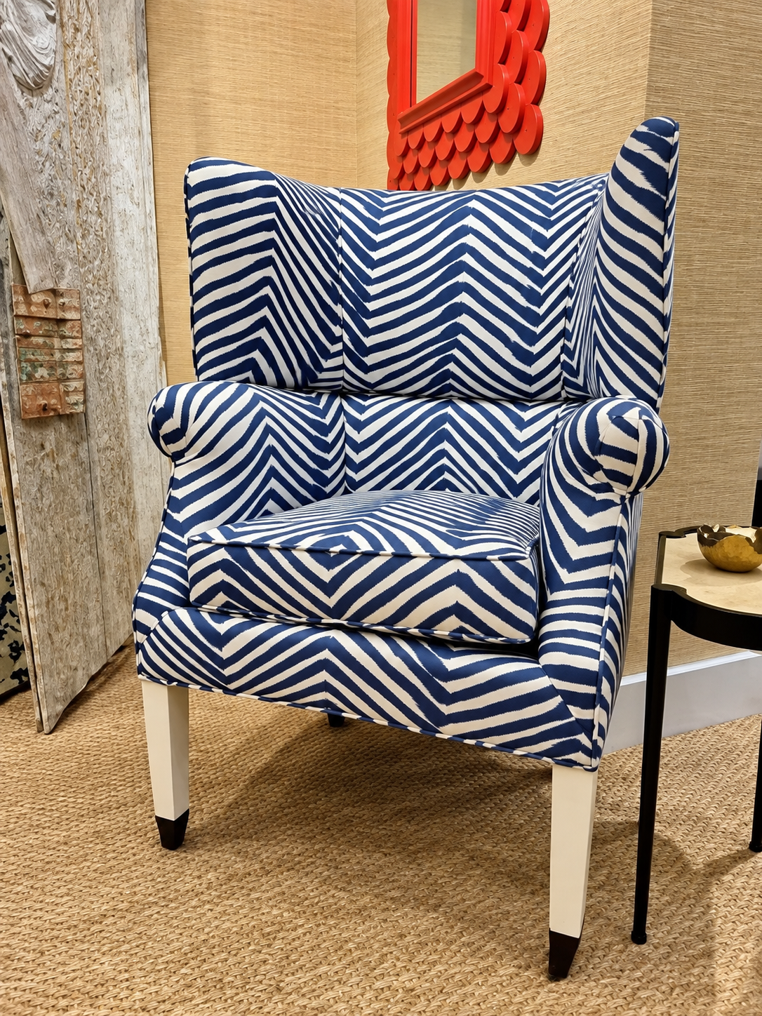 Wilton Wing Chair in Quadrille Zig Zag Grande in Navy with White Legs