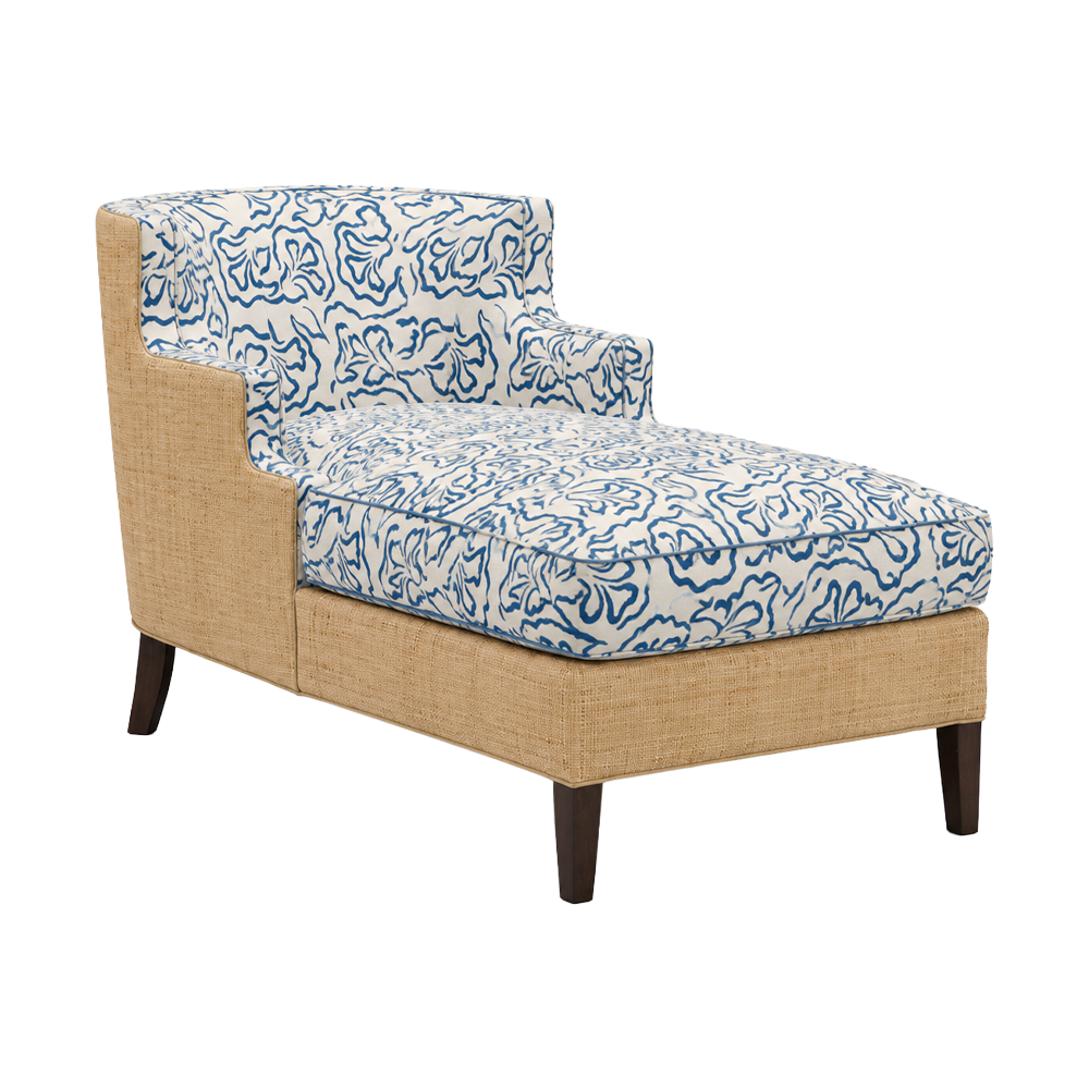 Gramercy Chaise in Quadrille Bell Flower in French Blue with Natural Raffia Back