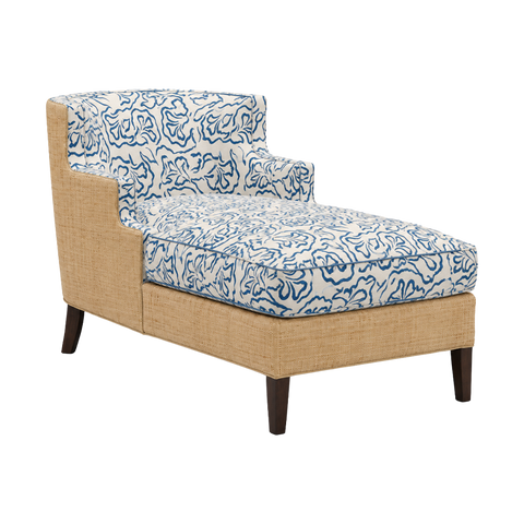 Gramercy Chaise in Quadrille Bell Flower in French Blue with Natural Raffia Back