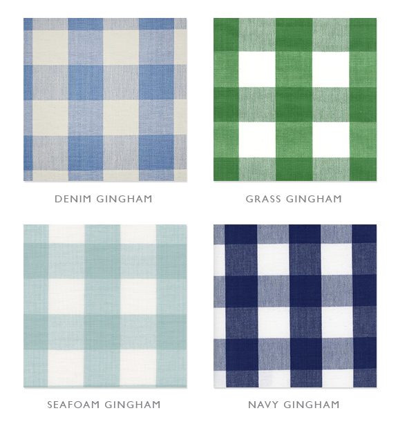 Four gingham fabric samples in blues and greens.