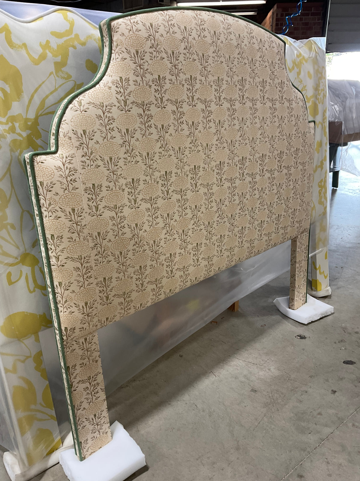 Queen Aspen Headboard in Lisa Fine Samode Fabric in Desert Sand with Fern Welt