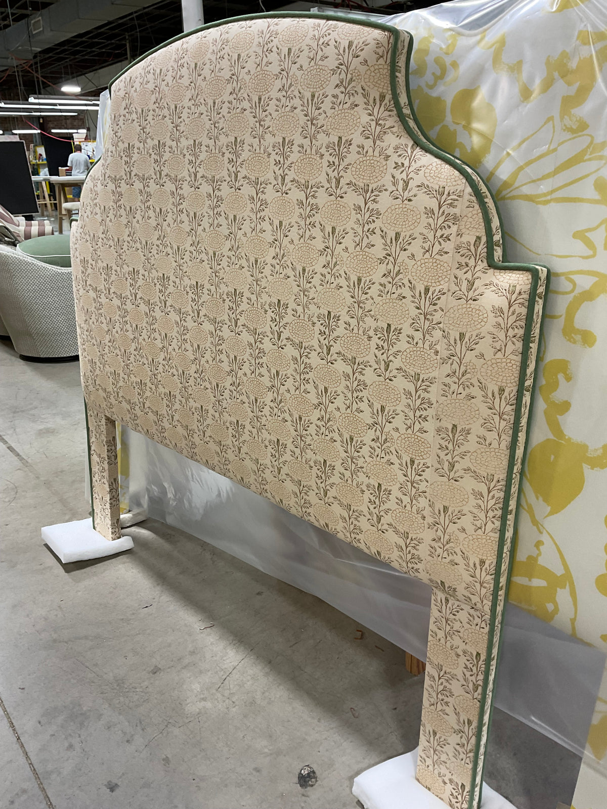 Queen Aspen Headboard in Lisa Fine Samode Fabric in Desert Sand with Fern Welt