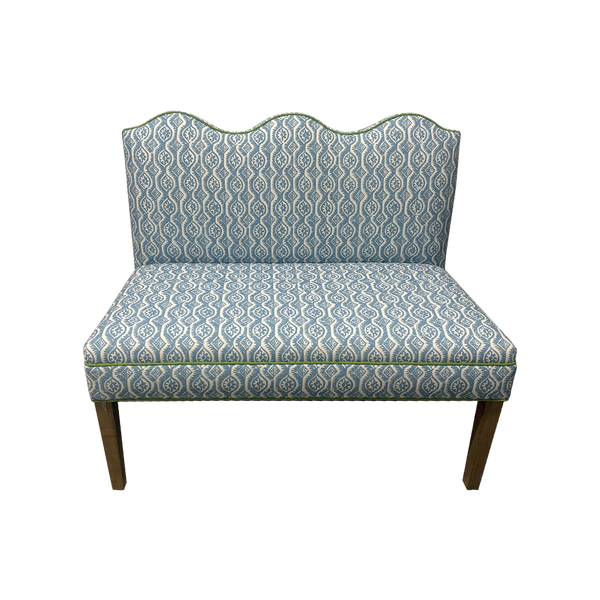 Wave Settee Blithefield Small Damask in Delft Blue with Grass Prisma Welt and Weathered Wood Legs - Sample Sale