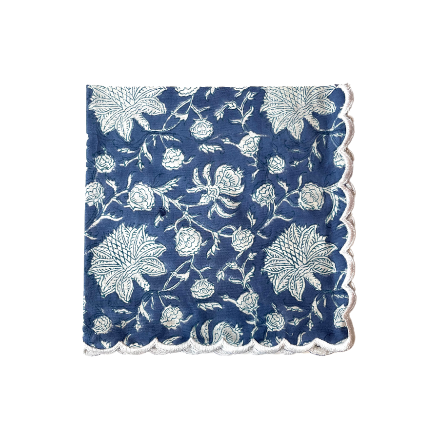Blue and Off White Floral Cotton Napkins Set of 8