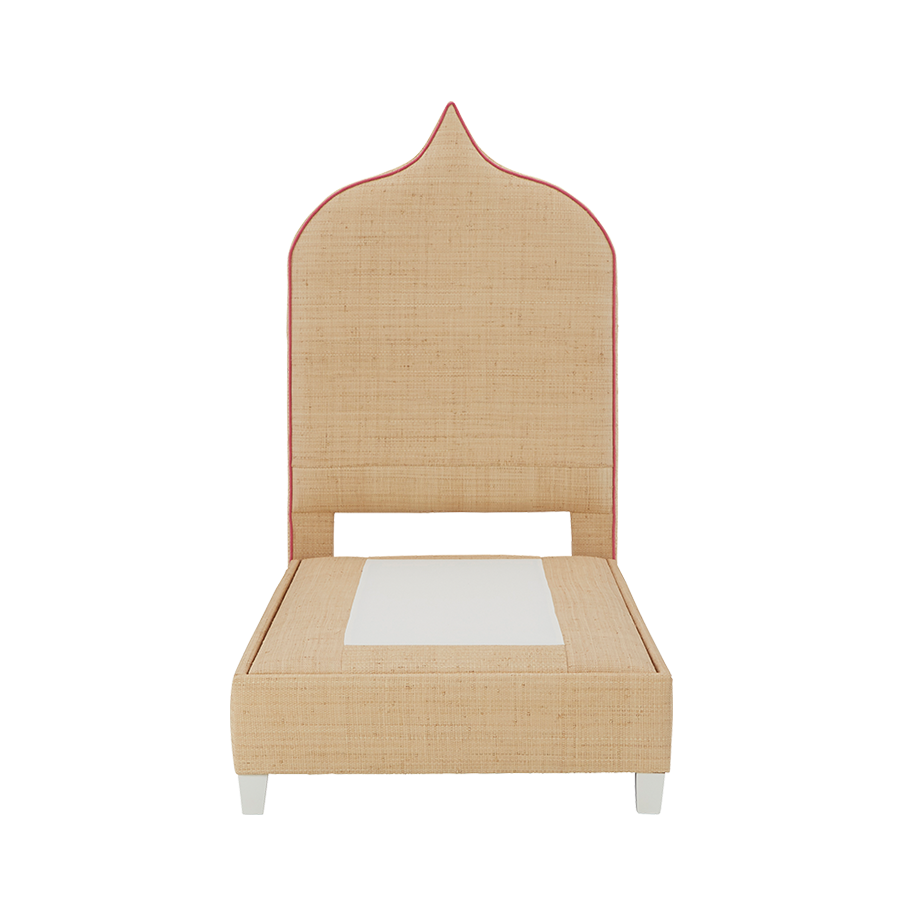 Natural raffia platform bed frame.