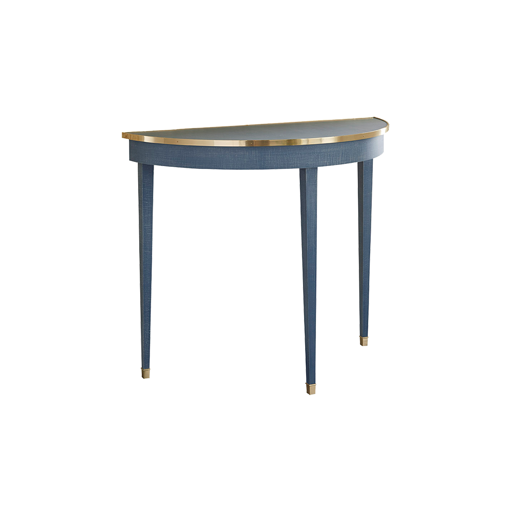 Small half circle table in denim blue finish.