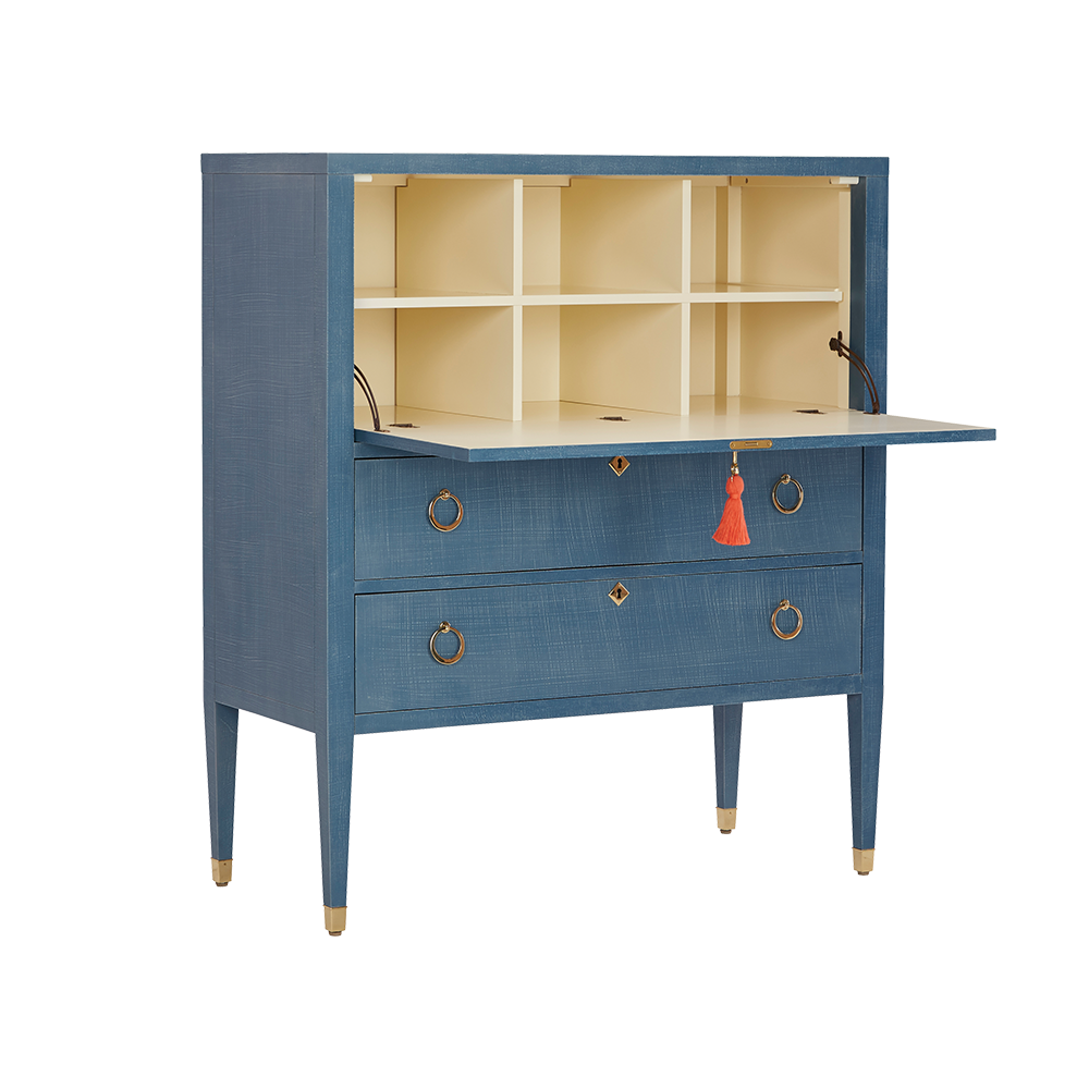Secretary desk with a cubby section above two drawers, in denim blue.