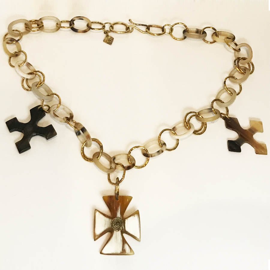 Cow horn cross necklace white
