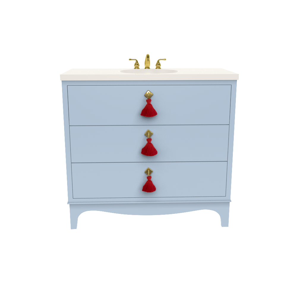 Light blue, three drawer vanity with red tassles.