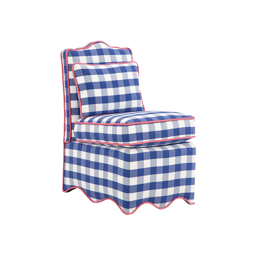 Upholstered Scallop Slipper Chair in Navy Gingham