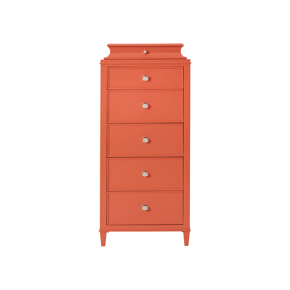 Tall, five drawer orange chest.
