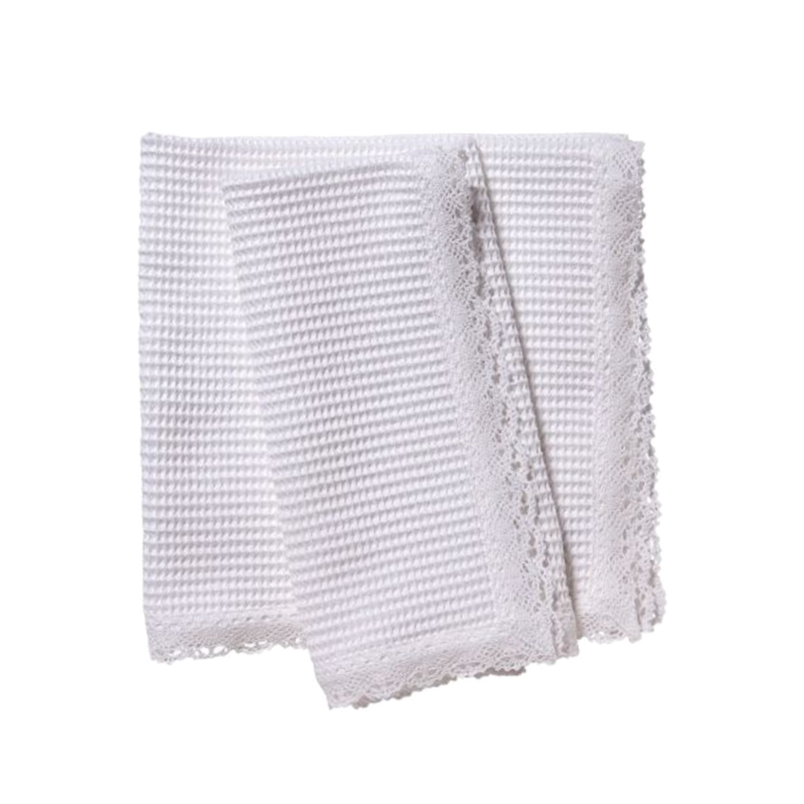 Dinner Napkins - White Waffle Weave Lace Trim