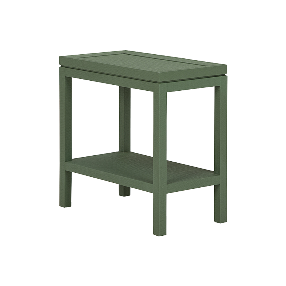 Green side table with two shelves.
